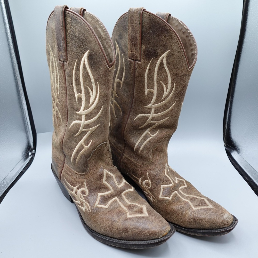 Justin Boots Western Cowboy Boots Womens 8 B Embroidered Cross Leather tribal